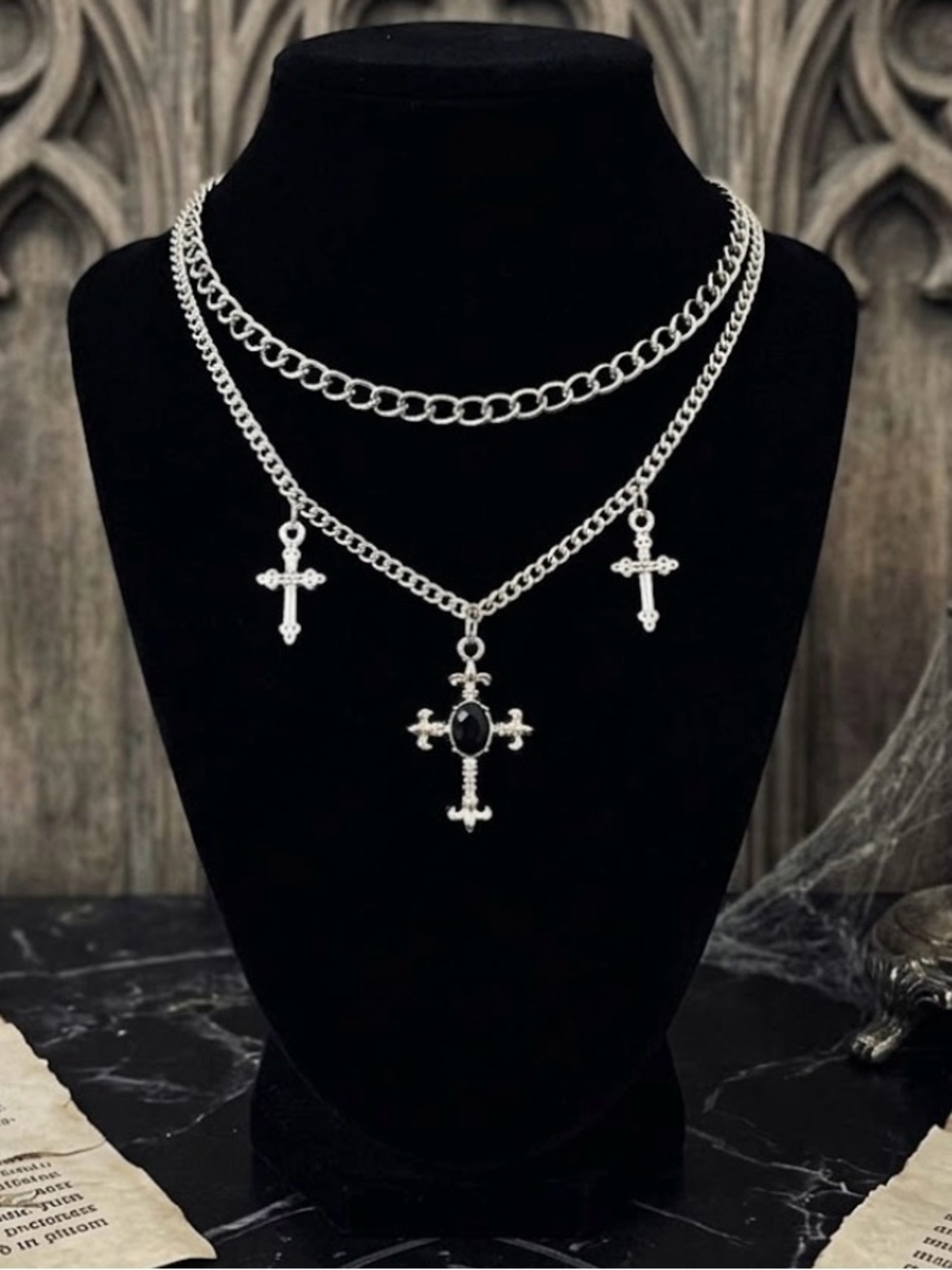 Hand Crafted Silver Cross Pendant Layered Necklace